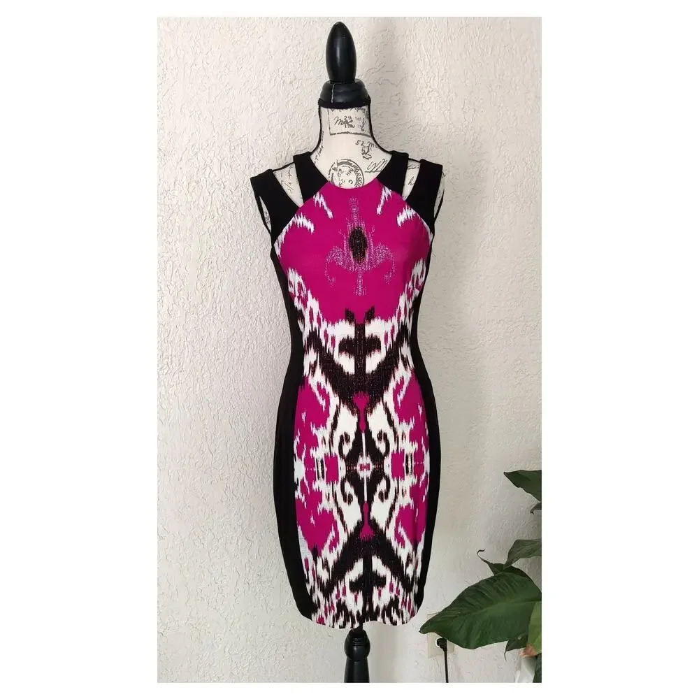 Cache Fitted Dress Sz‎ 8 Party Cocktail Pink Black Sleeveless Shoulder Cut out